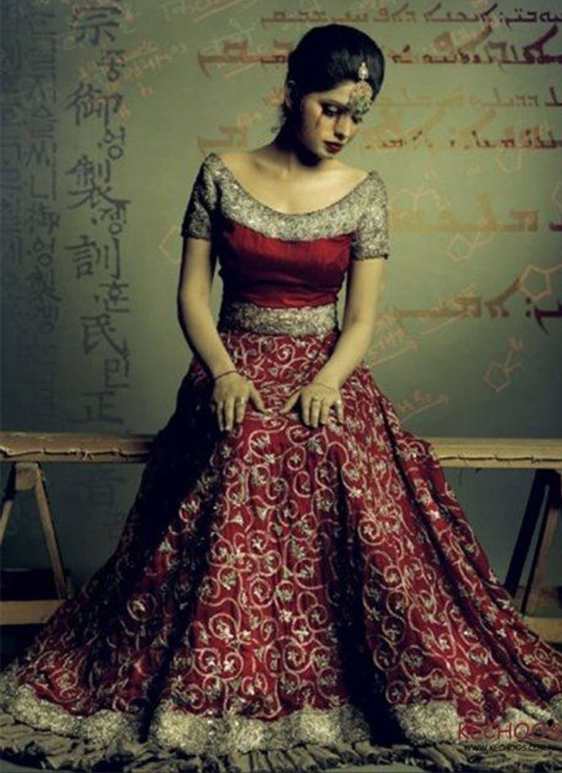 Georgette Maroon Embroidered Indian Bridal Lehenga Choli at Zikimo