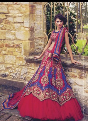 Georgette Red Blue Embroidered A Line Indian Bridal Lehenga Choli at Zikimo