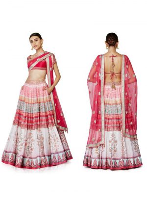 Red Cream RawSilk DigitalPrinted Embroidered PartyWear Lehenga Choli at Zikimo