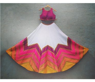 White Milticolor RawSilk DigitalPrinted Embroidered Navratri Lehenga Choli at Zikimo