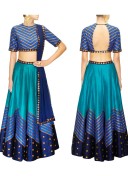Teal Blue RawSilk DigitalPrinted Embroidered Navratri Lehenga Choli at Zikimo