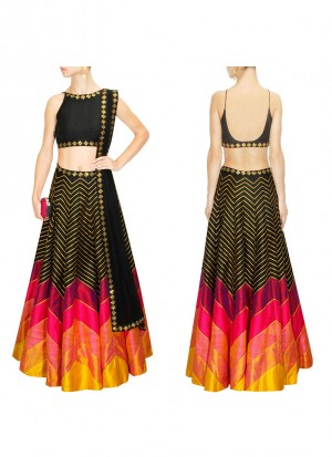 Black Multcolor RawSilk DigitalPrinted Navratri Zigzag Design Lehenga Choli at Zikimo