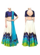 Cream Multcolor RawSilk DigitalPrinted Navratri Zigzag Design Lehenga Choli at Zikimo