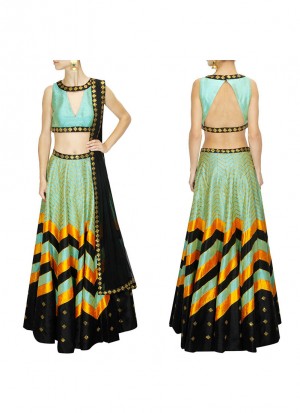 Mint Black Multcolor RawSilk DigitalPrinted Navratri Lehenga Choli at Zikimo