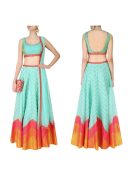 AquaBlue Multcolor RawSilk DigitalPrinted Navratri Lehenga Choli at Zikimo