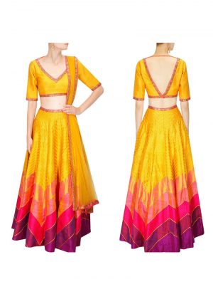 Yellow Magenta Multcolor RawSilk DigitalPrinted Navratri Lehenga Choli at Zikimo