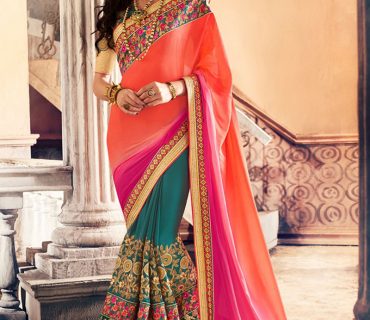 OrangePinkGreen388 Georgette Party Wear Indian Wedding Saree at Zikimo 1 OrangePinkGreen388 Georgette Party Wear Indian Wedding Saree at Zikimo