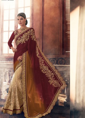 MaroonMustardBiege389 Georgette Net Party Wear Indian Wedding Saree at Zikimo