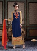 DarkBlue7008 Embroidery Georgette WeddingParty Frontcut Pants Suit at Zikimo