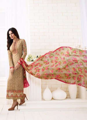 Biege1502 Georgette Embroidered Party Wear Suit With Floral Dupatta At Zikimo