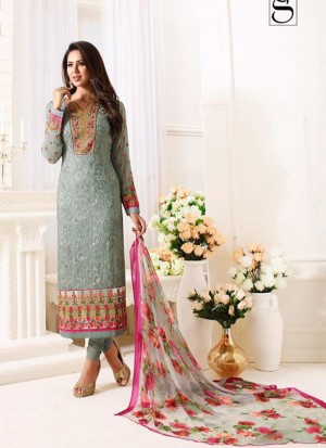 Grey1503 Georgette Embroidered Party Wear Suit With Floral Dupatta At Zikimo