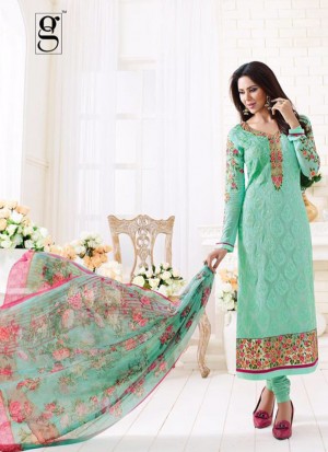 Seagreen1505 Georgette Embroidered Party Wear Suit With Floral Dupatta At Zikimo