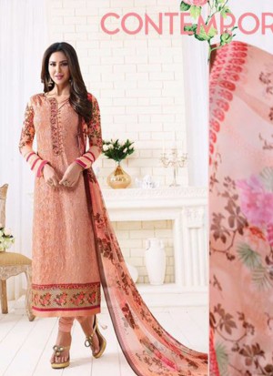 Peach1506 Georgette Embroidered Party Wear Suit With Floral Dupatta At Zikimo