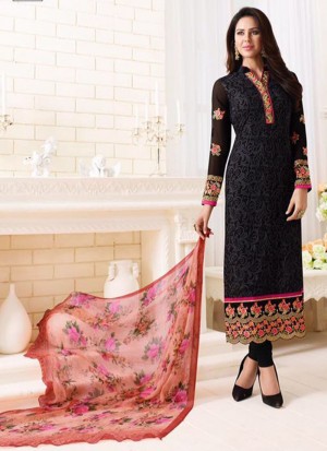 Black1507 Georgette Embroidered Party Wear Suit With Floral Dupatta At Zikimo