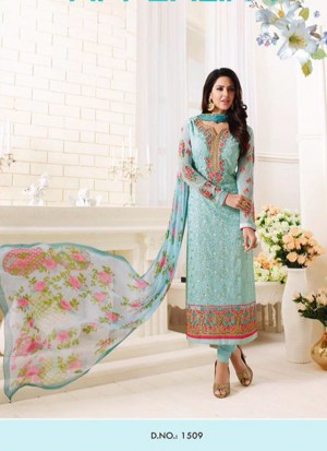 Blue1509 Georgette Embroidered Party Wear Suit With Floral Dupatta At Zikimo