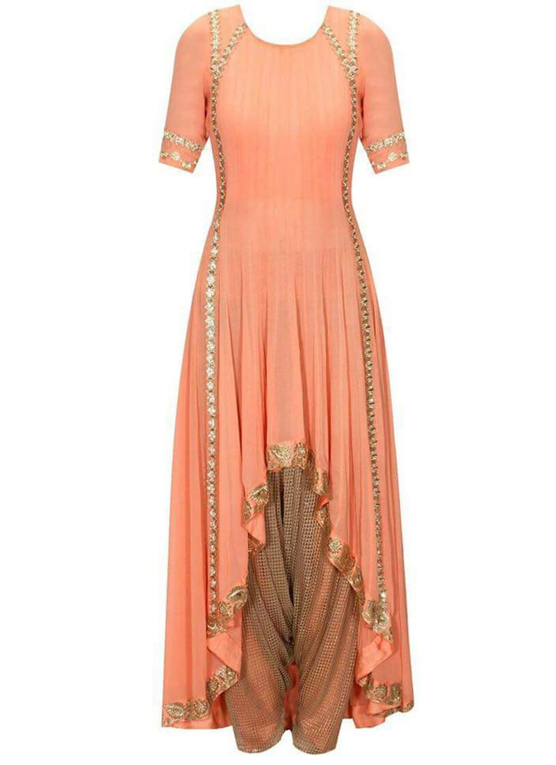 Peach Georgette Wedding PartyWear High-Low Style Salwar Kameez at Zikimo
