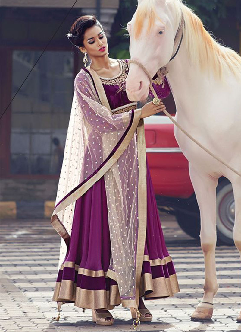 Purple Georgette Velvet KarvaChauth Party Floor Length Anarkali Suit at Zikimo