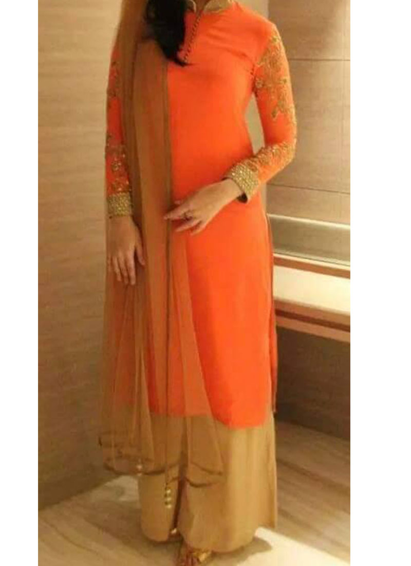Orange Biege Sharara Plazzo Wedding Wear Suit at Zikimo