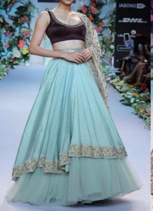 SkyBlue Net RawSilk Flared Wedding Party Wear Lehenga Choli At Zikimo