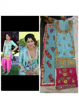 Blue Pink Dupiun All Over  Embroidered Punjabi Salwar Kameez at Zikimo