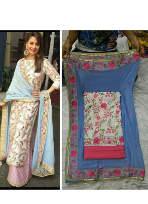 Madhuri Dixit Cream Pink  Dupiun All Over Embroidered Punjabi Salwar Kameez at Zikimo