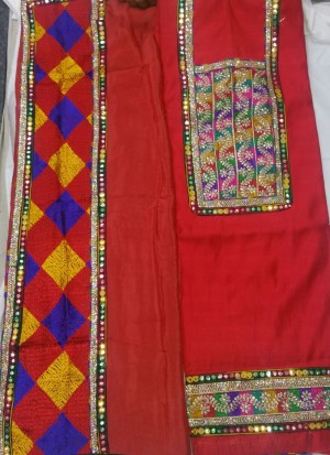 Red Cotton Silk Punjabi Salwar Kameez With Phulkari Border Duppta at Zikimo