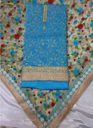 Blue Banarsi Silk Punjabi Salwar Kameez With Net Printed Duppta at Zikimo
