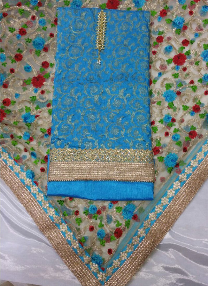 Blue Banarsi Silk Punjabi Salwar Kameez With Net Printed Duppta at Zikimo 1 Blue Banarsi Silk Punjabi Salwar Kameez With Net Printed Duppta at Zikimo