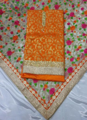 Orange Banarsi Silk Punjabi Salwar Kameez With Net Printed Duppta at Zikimo