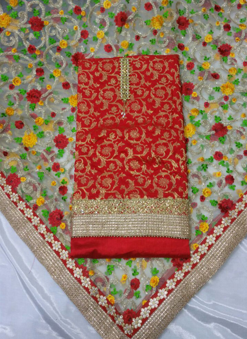 Red Banarsi Silk Punjabi Salwar Kameez With Net Printed Duppta at Zikimo 1 Red Banarsi Silk Punjabi Salwar Kameez With Net Printed Duppta at Zikimo