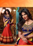 Net Velvet HotOrange Blue Embroidered FestiveWear Lehenga Choli at Zikimo