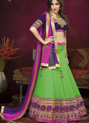 Net Velvet Green NavyBlue FestiveWear Lehenga Choli at Zikimo