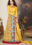 Yellow Skyblue Flower Print Mirror Work BangloriSilk Lehenga Choli at Zikimo