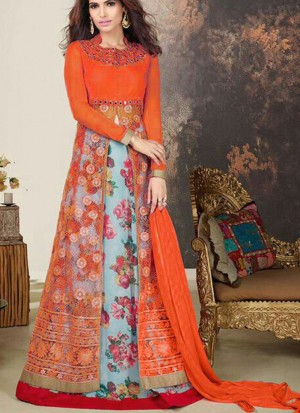 OrangeRed Skyblue Flower Print Mirror Work BangloriSilk Lehenga Choli at Zikimo