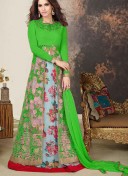 Green Skyblue Flower Print Mirror Work BangloriSilk Lehenga Choli at Zikimo