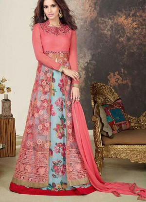 Pink Skyblue Flower Print Mirror Work BangloriSilk Lehenga Choli at Zikimo