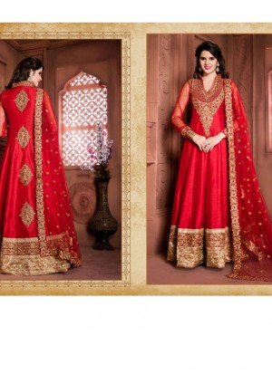 Red15004 Banglosri Silk Indian WeddingWear Embroidery Anarkali Suit At Zikimo