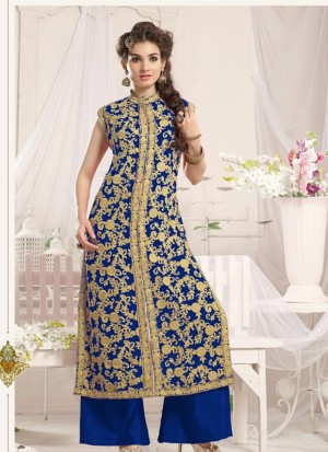 DarkBlue1001A Georgette Embroidery WeddingParty Straight Suit at Zikimo