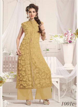 Biege1001C Georgette Embroidery WeddingParty Straight Suit at Zikimo
