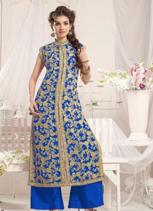 LightBlue1001E Georgette Embroidery WeddingParty Straight Suit at Zikimo