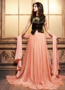 PeachBrown3602 Silk Net PartyWear Floor Length Anarkali Suit at ZIkimo