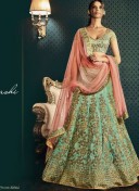 Peach SeaGreen5061 Silk Net Indian Wedding Festive Wear Lehenga at Zikimo