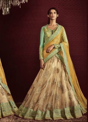 Yellow LightGreen5066 Silk Net Indian Wedding Festive Wear Lehenga at Zikimo