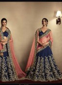 PeachNavyBlue5073 Silk Net Indian Wedding Festive Wear Lehenga at Zikimo