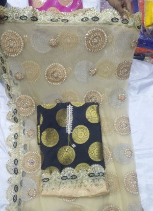 BlackCream Dupion Siyoni Punjabi Salwar Kameez With Net duppta at Zikimo