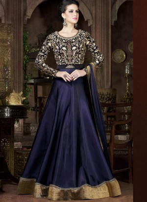 NavyBlue4802C Tapheta Silk Indian FestiveWear Embroidered Anarkali Suit At Zikimo