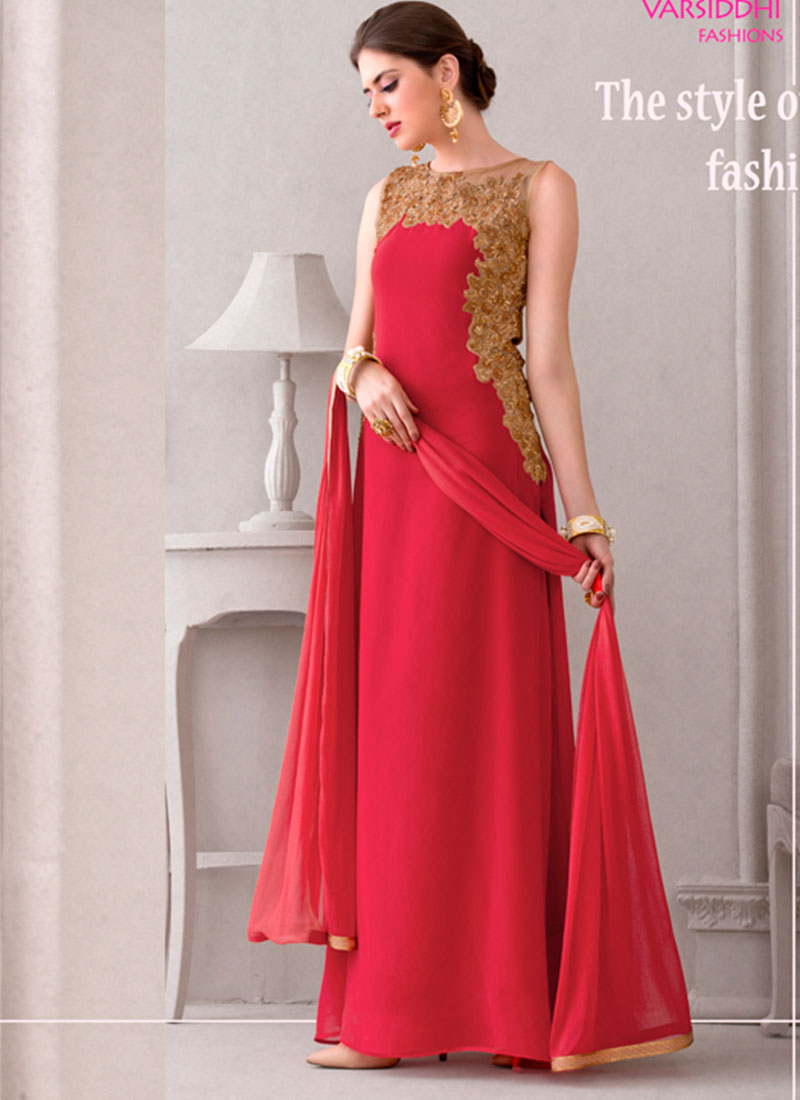 RedishPink107 Georgette Indian Wedding Ankle Length Straight Suit at Zikimo 1 RedishPink107 Georgette Indian Wedding Ankle Length Straight Suit at Zikimo