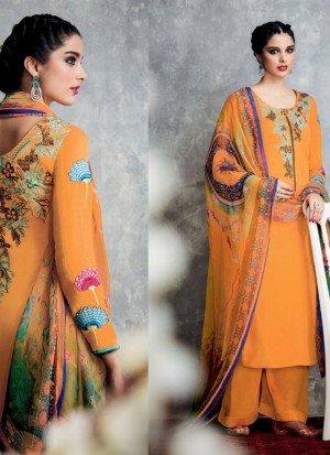 OrangishYellow6711 Cotton Satin PartyWear Straight Punjabi Suit at Zikimo