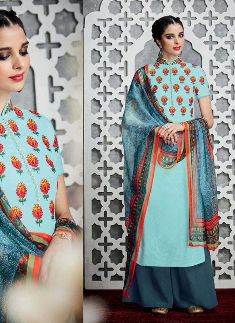 AzureBlue6714 Cotton Satin PartyWear Straight Punjabi Suit at Zikimo 1 AzureBlue6714 Cotton Satin PartyWear Straight Punjabi Suit at Zikimo