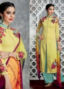 LemonYellow6715 Cotton Satin PartyWear Straight Punjabi Suit at Zikimo